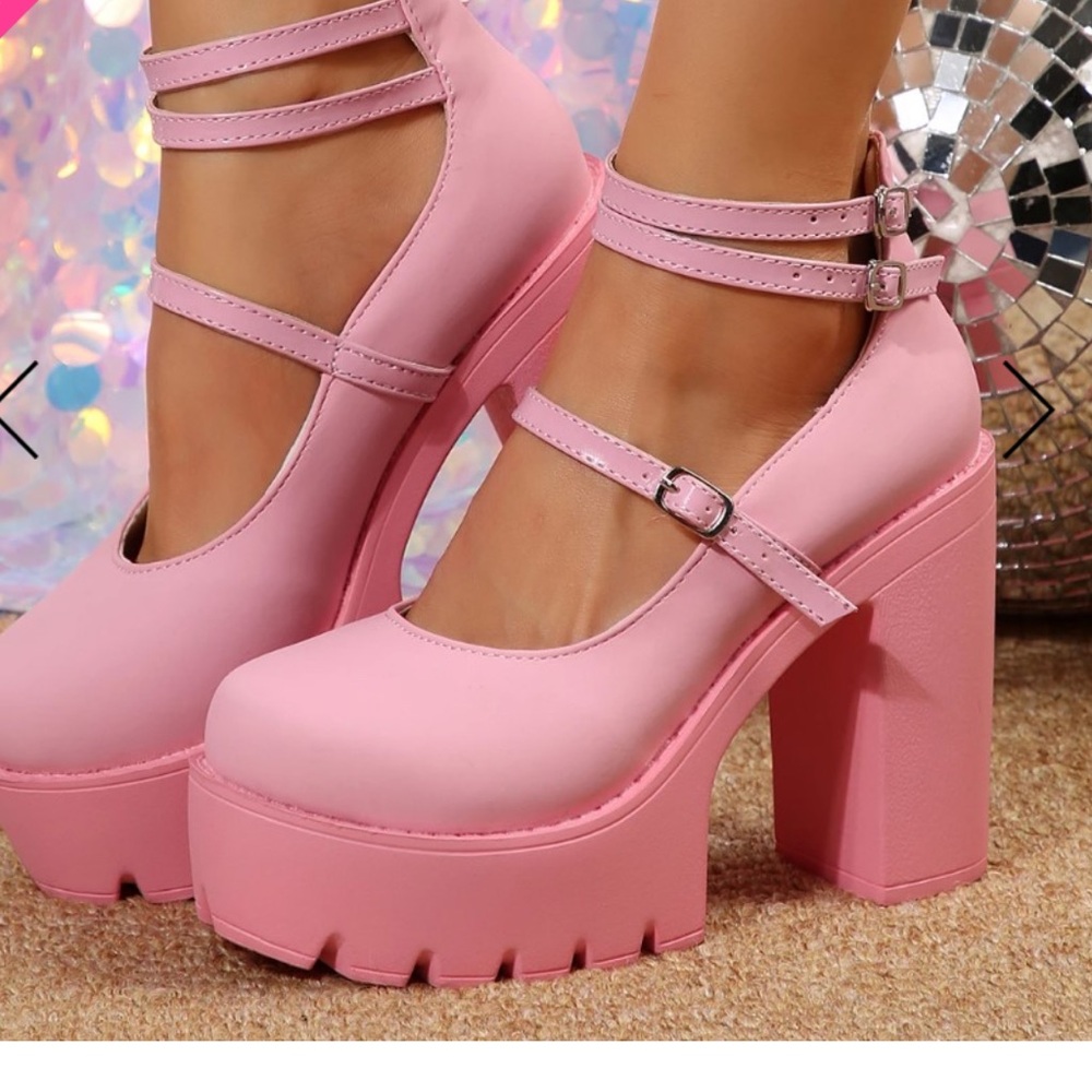 Pink Platform Chunk Heels w Ankle Strap